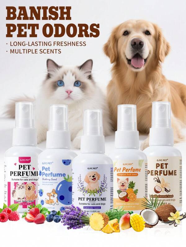 GJYC PET Perfume para mascotas para perros y gatos - 60 ml | Elección de 5 fragancias de larga duración | Fórmula aprobada por veterinarios | Bayas dulces, lavanda y coco vainilla