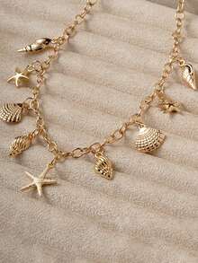1 件波西米亚风复古海洋风格项链，带可爱海螺、海星、贝壳吊坠，适合日常和度假穿着，金色 - 彩色 - 查看 6