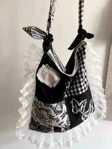 Retro Polka Dot Heart Canvas Tote Bag, Large Capacity Commuting Bag Suitable For College Students, Colorblock Handbag, Shoulder Bag, Versatile Campus Bag For Women - Black - View 4