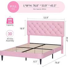 Upholstered Bed Frame With Headboard, Linen Fabric Bed Frame With Button Tufted Headboard, No Box Spring Needed, Easy Assembly, Twin/ Full/ Queen/ King, Beige/ Pink/ Dark Grey/ Grey/ Blue/ Cream/ Black - 粉色 - 查看 7