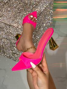 宽版女式舒适时尚户外派对黑色露趾尖头一脚蹬加大码金色金属高跟凉鞋 - 玫紅色 - 查看 2