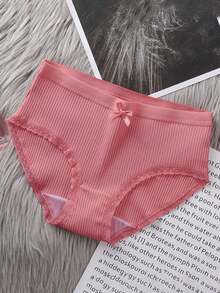 6条随机颜色蝴蝶装饰纯色罗纹棉质内裤，女士涤纶罗纹蕾丝边日常内衣 - 彩色 - 查看 4