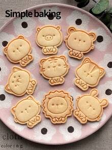 1 件卡通动物图案饼干模具，亲子糖霜饼干工具，开学季便当用品，可爱小动物图案（小猪、小老鼠、小熊、小松鼠、小兔子、小老虎、小猫、小柴犬、小狮子）饼干印章，一个饼干切刀，一个甜点模具。饼干角色。厨房糕点制作工具 - 白色 - 查看 13