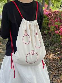 返校大红苹果学生背包，小众设计米色抽绳书包，百搭可爱，适合日常外出，适合大学生和高中生 - 米色 - 查看 5