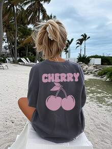 1pc Casual Cherry Print Round Neck Short Sleeve T-Shirt, Suitable For Summer Students And Children - Delicious Cherry Provides A Unique T-Shirt For Cherry Fruit Lovers, Making You Stand Out In Summer. This T-Shirt Is Also Suitable For Teenage Girls To Wear, An Ideal Choice For Girls In Summer. - Dark Grey - View 2