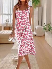 时尚印花无袖连衣裙，轻盈优雅，适合休闲、海滩、旅行、工作、婚礼、派对、睡衣等多种场合。 - 粉色 - 查看 3