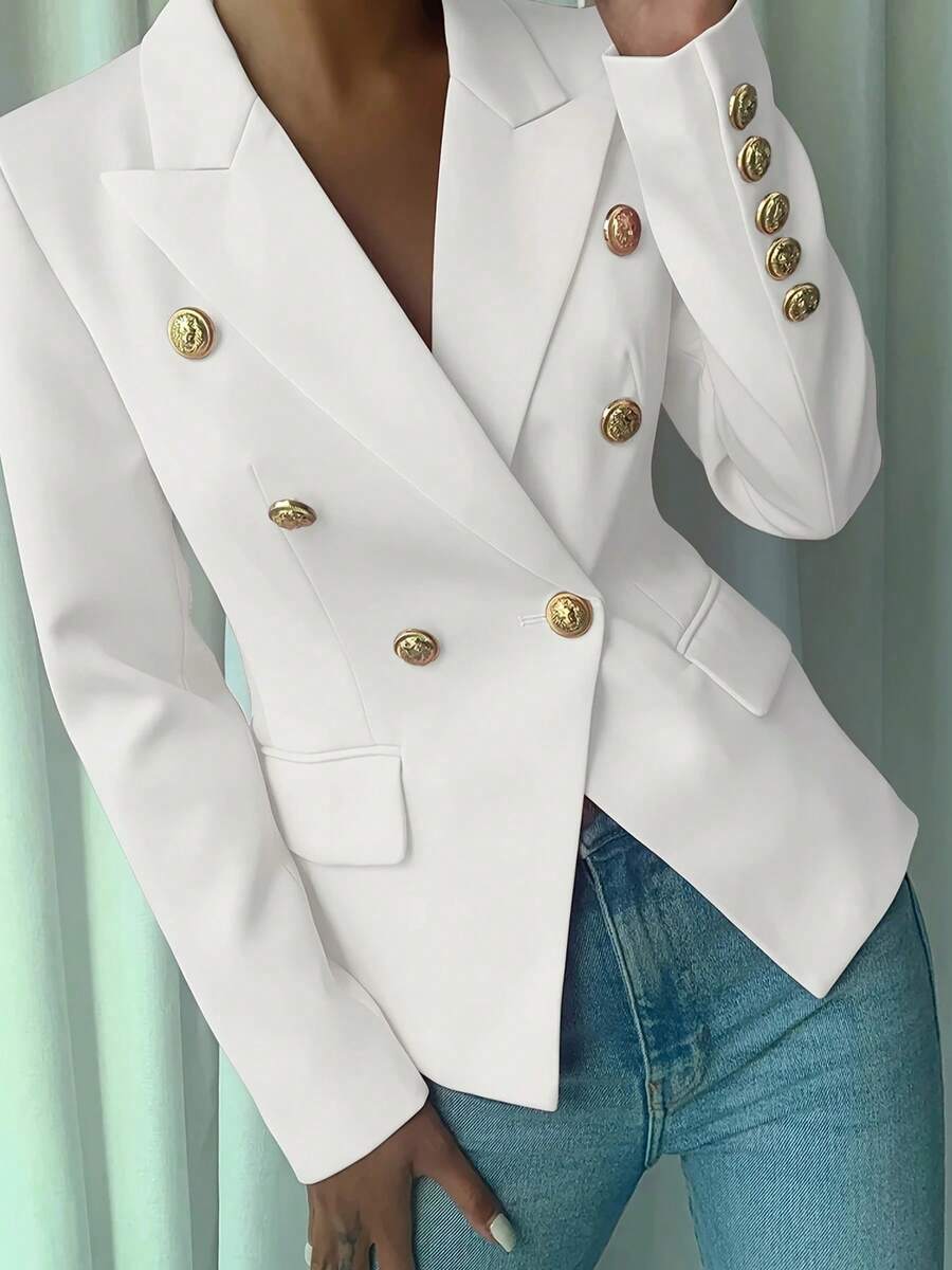New Pure White Women's Elegant Double Breasted Lapel Long Sleeved Suit Jacket, High-Quality Classic Suit Jacket, Suitable For Office And Business - 白色 - 查看 1