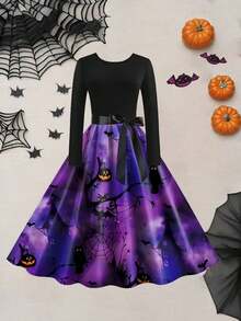 Vintage Halloween Pumpkin, Spider Web & Skull Print High Waist Round Neck Long Sleeve Flared Midi Dress With Ribbon - Purple - View 1