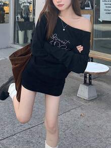 Autumn/Winter Casual Asymmetric Shoulder Long Sleeve T-Shirt For Women, Rhinestone Decor, Versatile Mid-Length Top