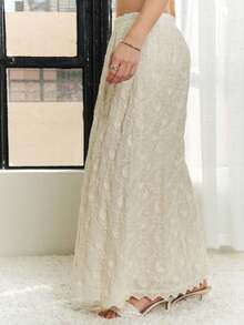 Womens Casual Maxi Skirt Elegant Romantic Floral Embroidered A Line High Waisted Full Length Formal Evening Party Wedding Guest Flowy Cream White Floor Length Summer Spring Special Occasion Swing Dance Skirt - 米色 - 查看 3