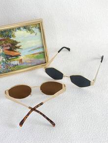 2pcs Women Fashion Glasses Metal Frame Oval Hexagonal New Vintage Style Polygon Glasses Daily Y2K For Beach, Vacation, Outdoor, Travel, Winter - 黑/黑 - 查看 5