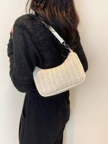 春夏新款编织单肩包腋下法棍包百搭街头逛街小包月牙包度假沙滩编织休闲包上班通勤 - 米色 - 查看 5