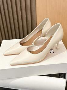 女士高跟鞋，时尚性感百搭侧镂空尖头办公室/婚礼派对鞋 - 米色 - 查看 9