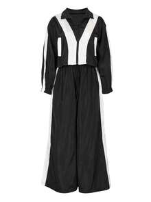 2pcs Set Woven Patchwork Loose Casual Sports Top Jacket With Zipper Pockets And Wide Leg Pockets Pants Suit Black Vacation Spring - Black - View 3