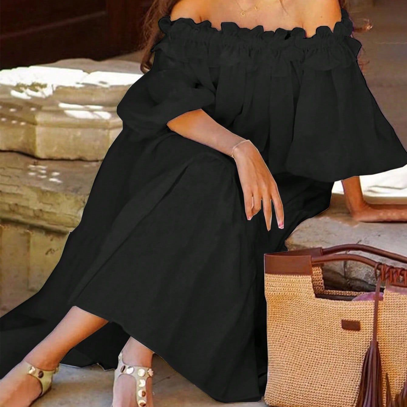 Damen elegantes einfarbiges Off-Shoulder Kleid mit Doppelschlitzen an den Seiten, lässige Resort-Mode - SHEIN - Modalova