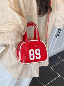 时尚新款女士手提保龄球包，简约别致的数字印花纯色 PU 涂层，带有金属装饰，底部铆钉装饰，双拉链开口，轻巧宽敞，适合旅行、购物、约会