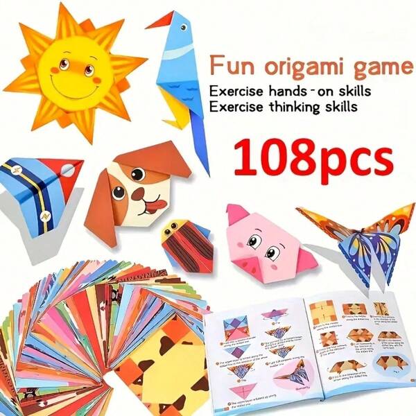 108pcs Creative Origami Set -54 Uniquely Designed DIY Handicrafts, Perfect Choice For Educational Activities, Classroom Projects And Party Gifts, Exercise Children's Hands-On Ability, Help Children Grow, Can Be Given As Birthday Gifts