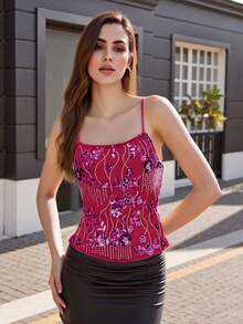 Women Summer Camisole Casual Sequin Embroidery Tie Up Backless Spaghetti Straps Tank Tops Sleeveless T-Shirt - 玫紅色 - 查看 2