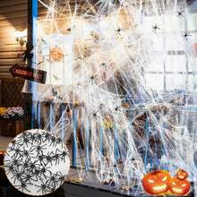 1 Set Of Soft Spider Web Halloween Decoration, Including Fake Spiders, Super Stretchable Spider Web, Suitable For Indoor And Outdoor Halloween Party Supplies - الأسود - مشاهدة 10