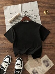 Camiseta de manga corta de cuello redondo negra con estampado casual para niña preadolescente, de verano