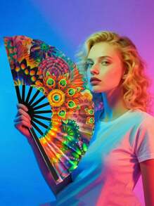13 Inch Fluorescent Folding Fan - Glow-In-The-Dark Gothic Sun & Moon Constellation Design, Vibrant Rainbow & Leopard Print Fan,Large Black PP Material For Halloween, Raves, Clubs, Concerts, Themed Parties, Cosplay, Costume Props, Gifts, And Dance Events, Halloween Decorations, Without Battery