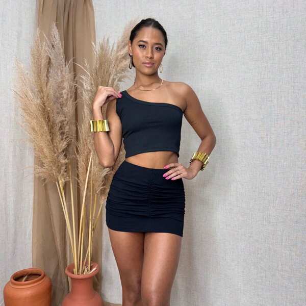 Blusa Feminina Um Ombro Só Canelada Cropped Nula Manga  Simples    Assimétrico  Nenhum