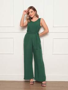 Women's Sleeveless Long Jumpsuit With High Waist Tie Belt And Side Pockets – Elegant And Comfortable - Màu xanh lá cây đậm - Xem 1