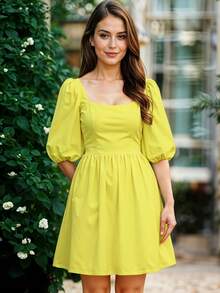 Vestido Corto de Escote Cuadrado con Manga Abullonada Casual para Mujer - Amarillo - Ver 3