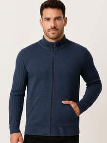 Men's Long Sleeve Jacket With Zipper And Pocket High Neck Autumn/Winter Cold Weather Blouse - Blue - View 5