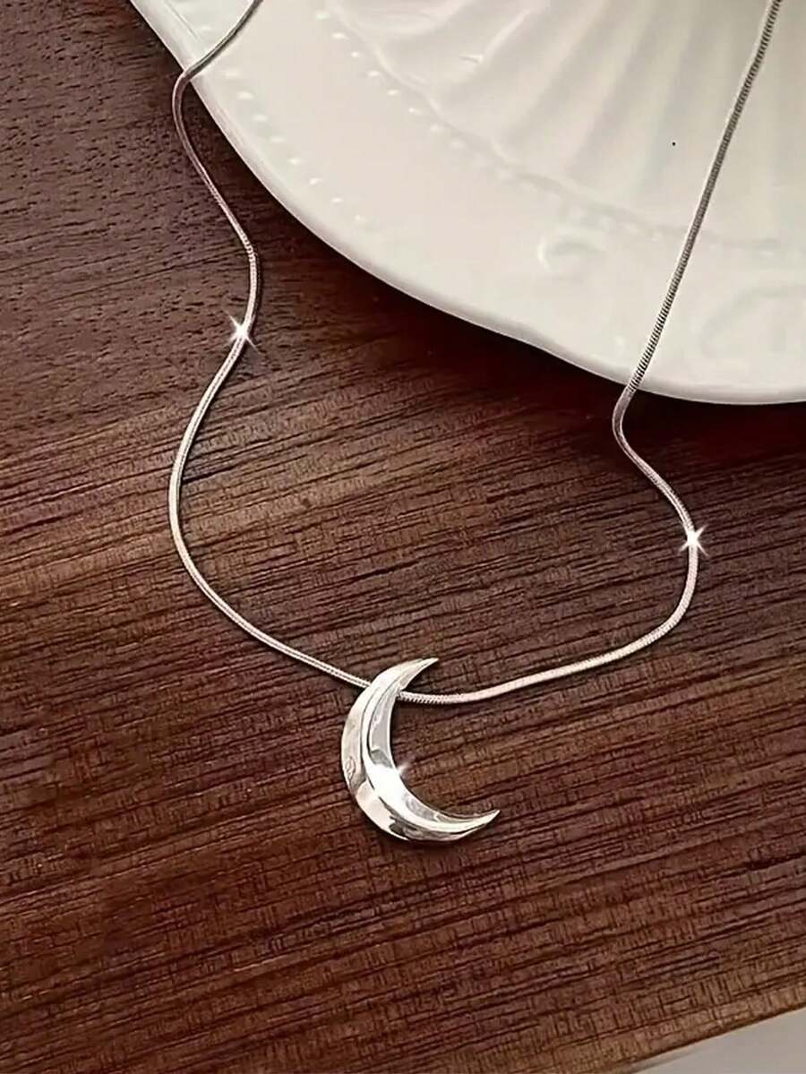 新月形不锈钢吊坠项链，防过敏，银色链条，珠宝礼物 - 彩色 - 查看 1