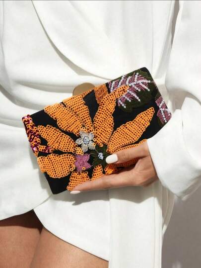 Orange Sequined Embroidery Floral Pattern Evening Bag (Unique Design), Bridal/Women's Party Bag, Crossbody Chain Strap Bohemian Style Purse, Elegant Sequin Embroidered Ladies Square Box Clutch, Suitable For Party, Wedding, Ball