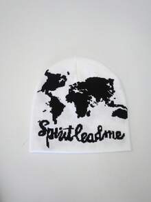 1 件地图图案针织帽，涂鸦时尚百搭帽，适合秋冬，欧盟/美国风格