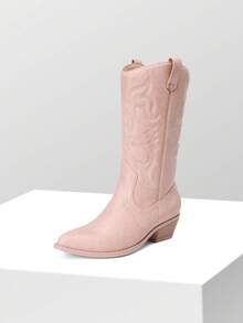 Women'S Cowboy Western Boots Point Toe Pull On Cowgirl Boots  Embroidered Detail Chunky Heeled Back To School Music Festival  Matching Dress Mid Calf Pink Boots - 淺粉色 - 查看 2