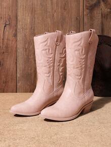 Women'S Cowboy Western Boots Point Toe Pull On Cowgirl Boots  Embroidered Detail Chunky Heeled Back To School Music Festival  Matching Dress Mid Calf Pink Boots - 淺粉色 - 查看 1