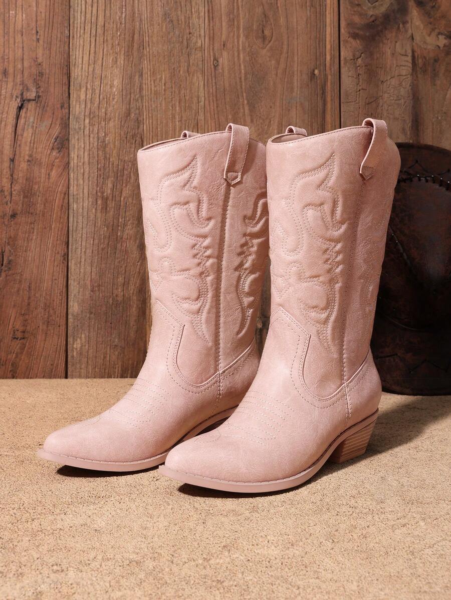 Women'S Cowboy Western Boots Point Toe Pull On Cowgirl Boots  Embroidered Detail Chunky Heeled Back To School Music Festival  Matching Dress Mid Calf Pink Boots - 淺粉色 - 查看 1
