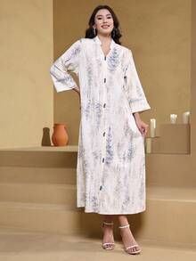 Solessence 刺绣优雅长袍，V领七分袖，时尚阿巴雅，2026年沙特国庆节最新款，白色 - 白色 - 查看 9