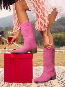 Women'S Cowboy Western Boots Point Toe Pull On Cowgirl Boots  Embroidered Detail Chunky Heeled Back To School Music Festival Matching Dress Mid Calf Hot Pink Boots - 玫紅色 - 查看 1