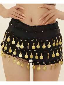 Performance Dance Hip Accessory With Dangling Coins, Belly Dance Scarf - Black - View 11