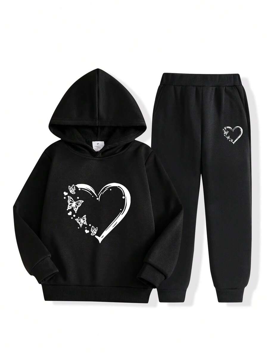 2件套 女童爱心蝴蝶印花抓绒连帽衫和运动裤套装 - 黑色 - 查看 1