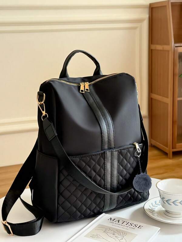 Women's Backpack, Lightweight Outdoor Backpack, Can Be Shoulder Or Cross-Body, Diamond Grid Pattern With Embroidery, Comes With Fur Ball