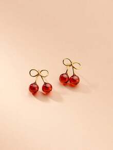 1 对 S925 纯银红樱桃耳钉，适合女士，合成红石榴石方晶锆石耳环，优雅的婚礼派对珠宝礼物 - 櫻桃 - 查看 2