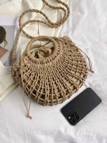 1 pieza Bolso bandolera semicircular tejido con cordón para mujeres, bolso de tote de moda para vacaciones adecuado para viajes y compras diarias, bolso de playa llamativo para el verano, bolso de playa de paja de verano para mujeres