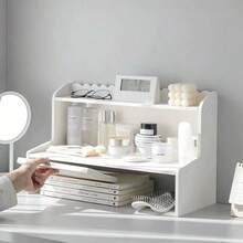 1 Square Wooden Desktop Storage Rack - Compact Organizer For Cosmetics, Dormitory, And Student Desk Essentials - Tabletop, Space-Saving, And Easy To Assemble - White - View 4