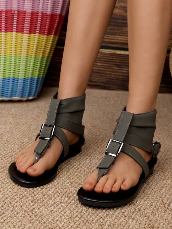 1 Paar unifarbene, elegante Bohème-Sandalen aus PU-Leder mit Metallknopfverschluss, Outdoorschuhe für Frühling/Sommer