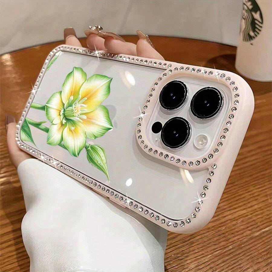 Funda para teléfono con diseño de flor verde amarillenta, elegante, doble cara, brillante | Funda brillante 11/12/13/14/15/16 - Rosa - Ver 1