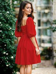 Vestido Corto de Escote Cuadrado con Manga Abullonada Casual para Mujer - Rojo - Ver 4