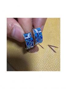 1 Pair Women's Elegant And Luxurious Ceramic Blue Floral Hoop Earrings, Suitable For Daily Wear, Casual Gatherings, Weddings, Anniversaries