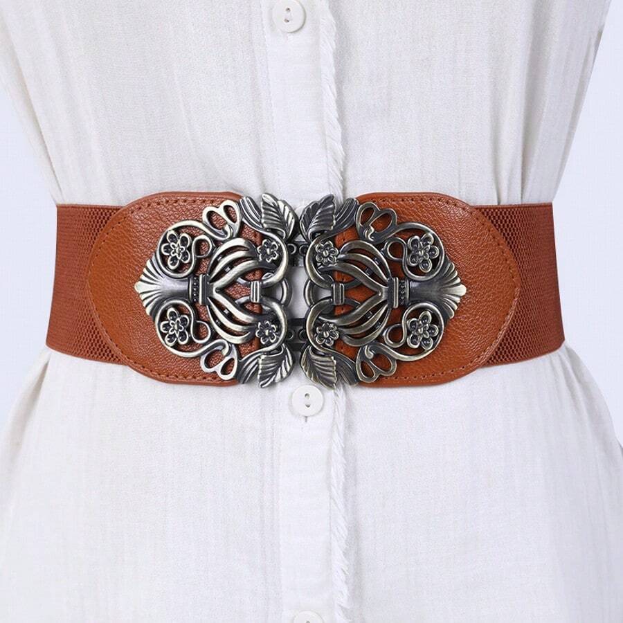 1pc Vintage Metal Buckle Elastic Waist Belt, Versatile For Women Dresses Fall, Autumn, Halloween - Camel - View 1