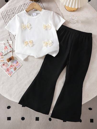 2st Baby Girls 3D Pearl Bow kortärmad T-shirt och utsvängda långbyxor, söt och bedårande för avslappnad, hem, fest