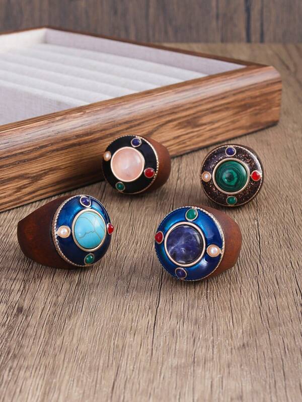 1pc Vintage Drip Glaze Exaggerated Natural Stone & Wood Ring For Women, Everyday Wear